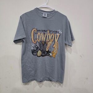 Comfort Colors Cowboy Graphic T-Shirt Gray Blue Short Sleeve Western Size M